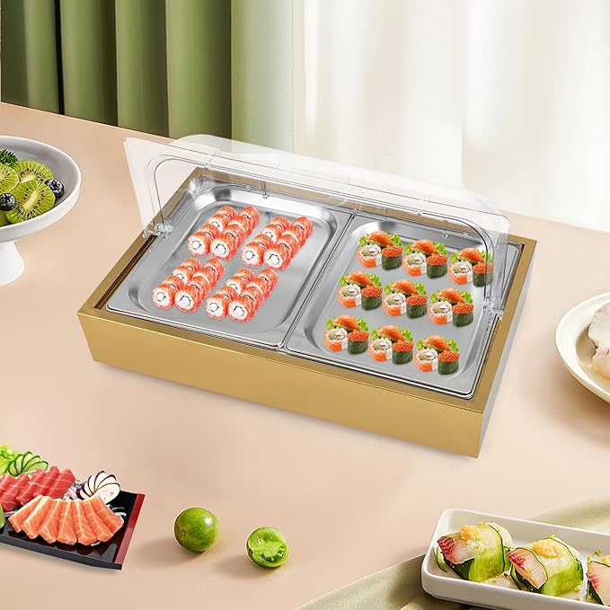 Countertop Ice Food Serving Display Tray with Clear Roll Top, 6L Chilled Serving Tray, Cold Serving Cooler Platter, Cooling Food Dishes Display Plate Case for Party (Double-Grid/Gold)