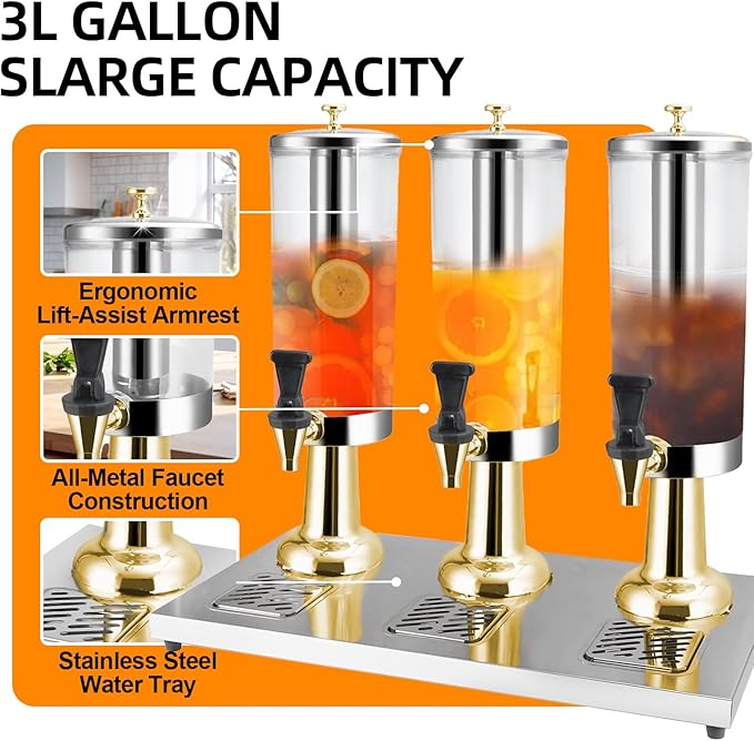 1 Gallon Commercial Beverage Dispenser with Centre Ice Core and Stand Drip Trays Stainless Steel Cold Drink Dispenser for Parties Pub Cafeteria Restaurant Home Hotel (gold, three head)