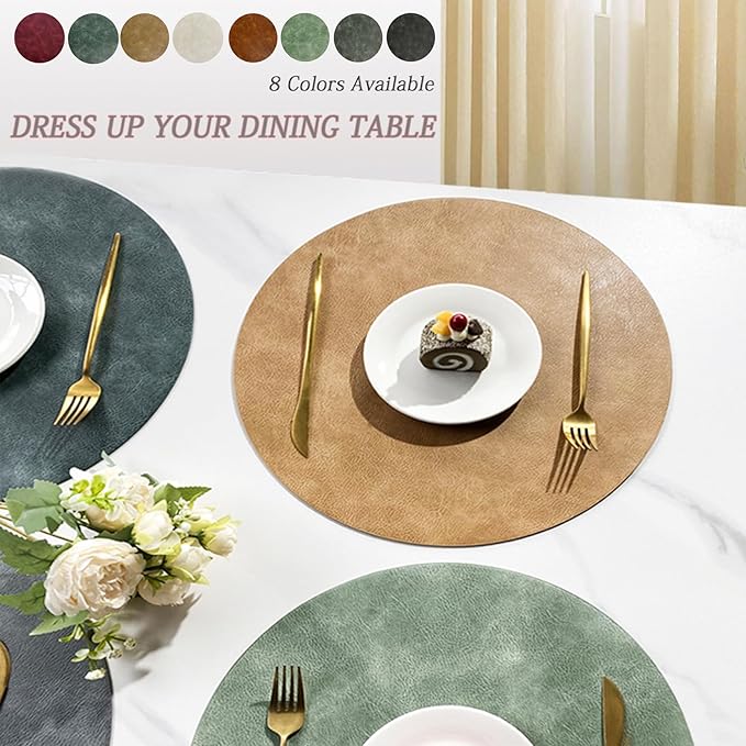UnivoColors PU Leather Placemats Set of 8,15 Inches Round Washed Cowhide Pattern Table Mats for Dining Table, Kitchen, Party Decoration(Retro Red)