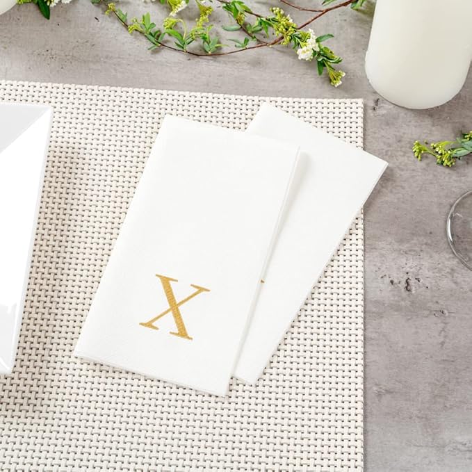 Luxenap 15.8 X 7.9 Inch Linen-Feel Guest Towels, 50 Lettered Hand Towels - Gold Letter 'X', Sans Serif Font, White Paper Dinner Napkins, airlaid, For Restrooms And Tables - Restaurantware