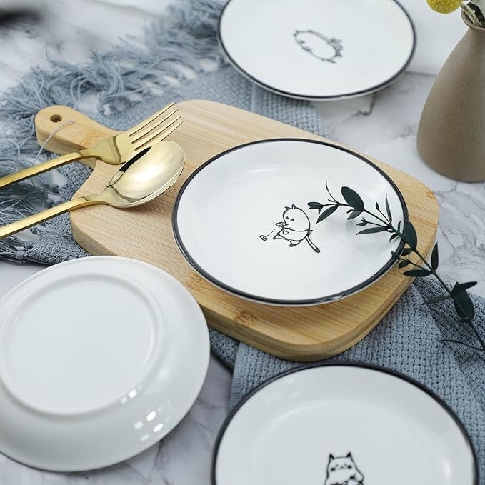 SOCOSY Cute Cartoon Chef Cat Ceramic Seasoning Dishes Sauce Dish Sushi Dipping Bowl Appetizer Plates Tea Bag Holder Serving Dish for Kitchen, 5 Inch, Set of 4