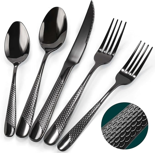 Black Silverware Set, PUREAIN 30 Pieces Black Hammered Flatware Set for 6, Mirror Polished Stainless Steel Cutlery Set for Home, Kitchen, Restaurant and Hotel, Dishwasher Safe