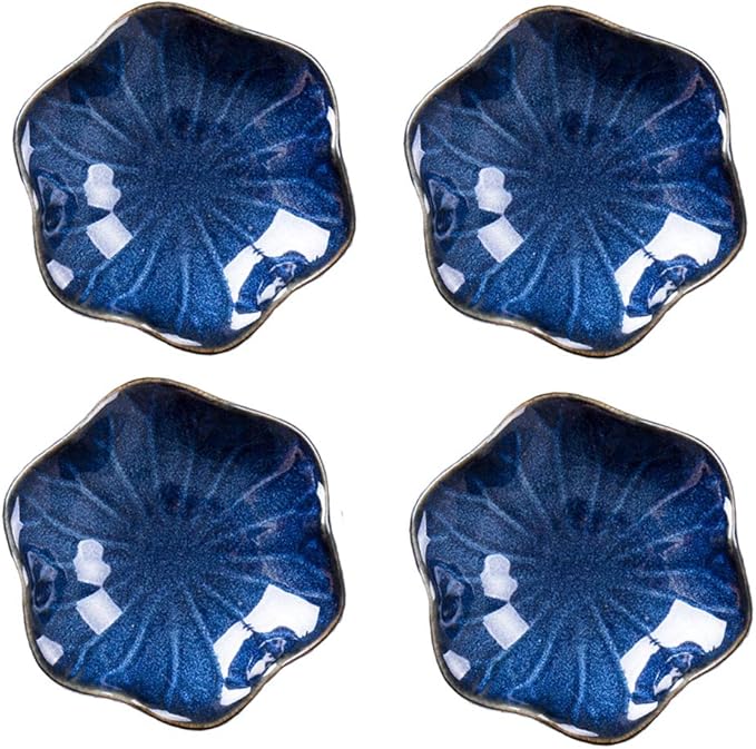 KCHAIN Pack of 4 Blue Ceramic Soy Sauce Dipping Bowls Side Dish Plates for Snack Sushi Fruit Appetizer Dessert 4 1/3 Inch