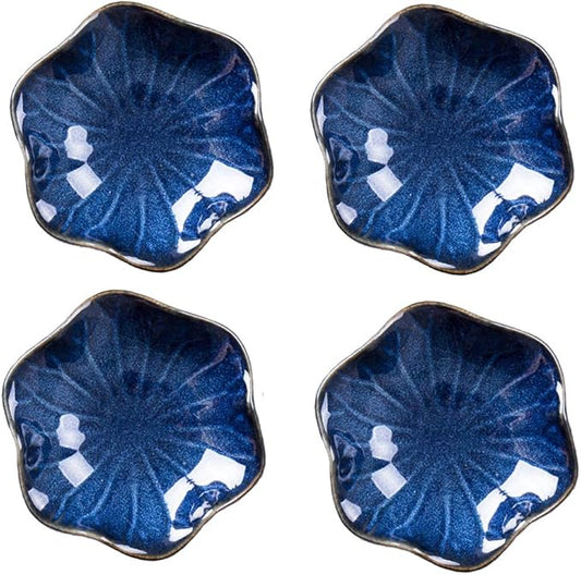 KCHAIN Pack of 4 Blue Ceramic Soy Sauce Dipping Bowls Side Dish Plates for Snack Sushi Fruit Appetizer Dessert 4 1/3 Inch