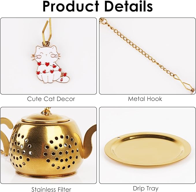Set of 2 Loose Leaf Tea Infuser Ball, Stainless Steel Tea Brewer Filter with Cat Accessories, Tea Strainer with Chain and Drip Trays (Gold)