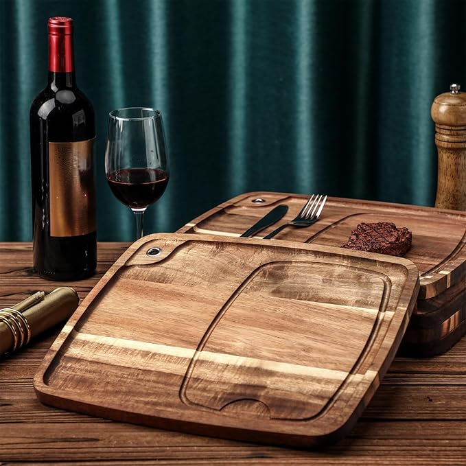 Uiifan 6 Pcs Steak Plates with Juice Channel Wooden Steak Board Set Acacia Cutting Serving Board for Christmas Home Serving Eating Meat Dishes Snack Dessert, 13 x 11 x 0.6 Inch