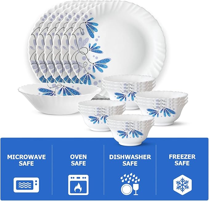 Borosil Gourmet Dinnerware Set For 6, 19 Pieces, White Dinner Plates and Bowls Sets, Chip Resistant Tempered Opal Glass, Stain Resistant, Dishwasher & Microwave Safe Dinner Set For Gifting, Serves 6