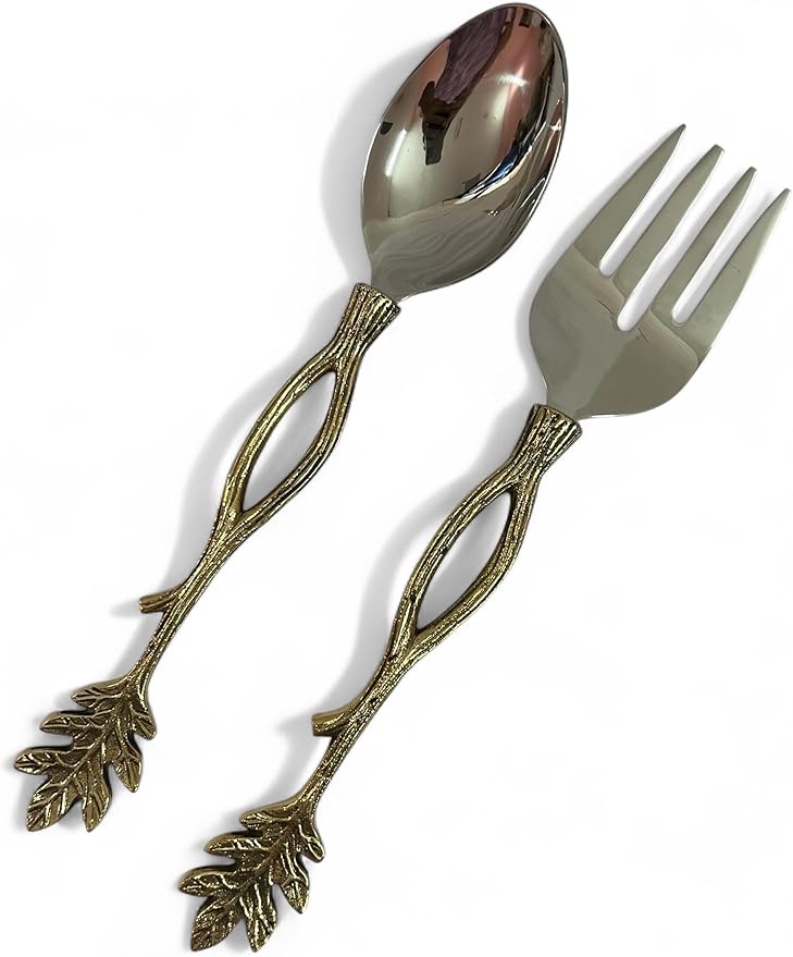 Gold Salad Serving Spoon and Fork Set – Stainless Steel with Decorative Leaf Handle – Elegant 2-Piece Flatware Set for Salad, Pasta, Fruits (11.5" Inches)