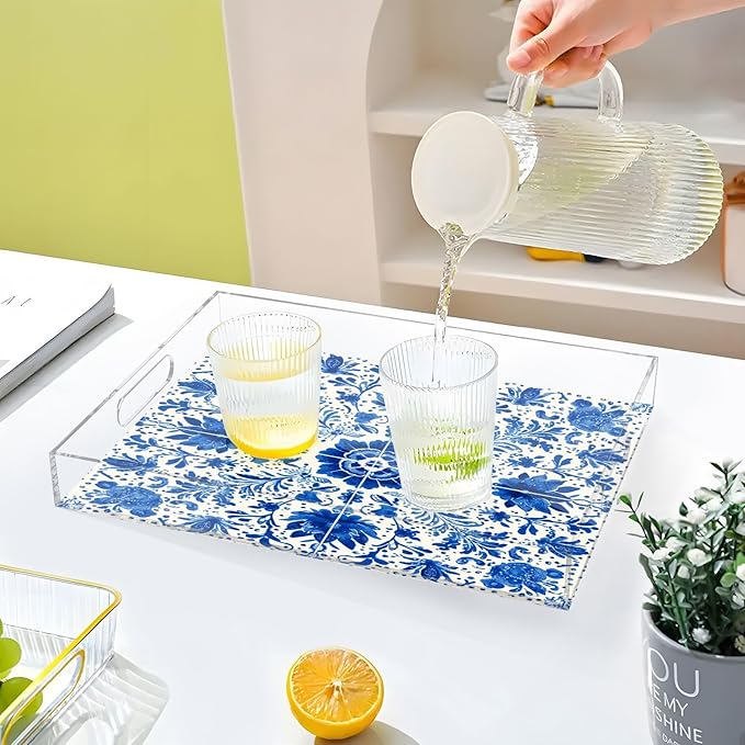 Serving Tray with Handles Clear Acrylic Tray 12x16 Inch Decorative Rectangular Tray Organizer for Ottoman Coffee Table Bathroom Floral Blue and White Tile