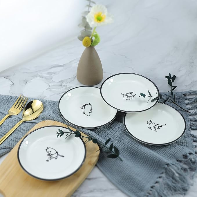 SOCOSY Cute Cartoon Chef Cat Ceramic Seasoning Dishes Sauce Dish Sushi Dipping Bowl Appetizer Plates Tea Bag Holder Serving Dish for Kitchen, 5 Inch, Set of 4