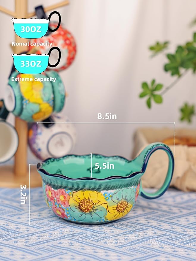 silesia Handmade Ceramic Soup Bowl, 30 oz Hand Painted Bowl with Loop Handle, Floral Design Cereal Bowl for Soup, Ice cream, Snack, Microwave & Dishwasher Safe (Flowers Green)