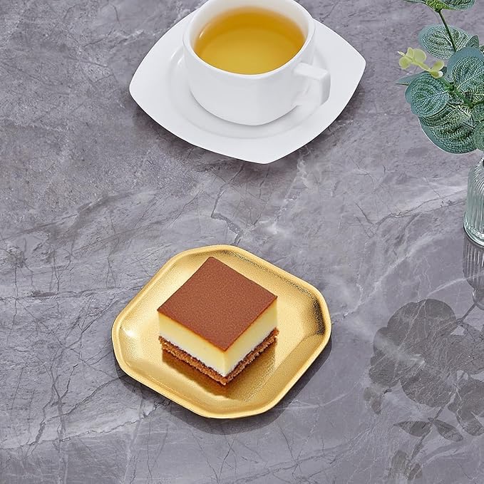 SANQIAHOME 4.7x4.7 inch square Appetizer Plates,thick stainless steel Dinner Plates, Pasta Dessert Plates for Sushi, Fruit oven/Dishwasher Safe, Set of 4,Gold