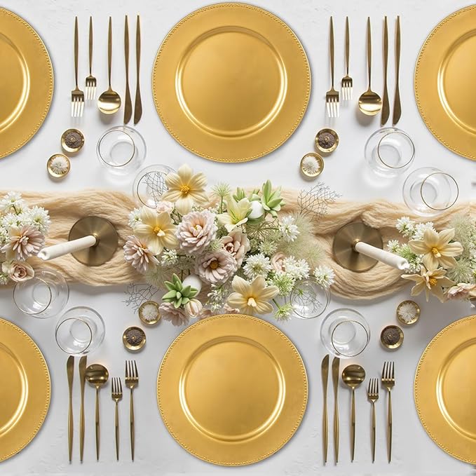 189 Pcs Charger Plates Set Bulk, 50 Pcs 13'' Gold Charger Plates 129pcs Balloons Different Sizes 18 12 10 5 Inch 10 Pack 54 x 108 Inch Disposable Table Cloth Set For Dinner Wedding Party Decoration
