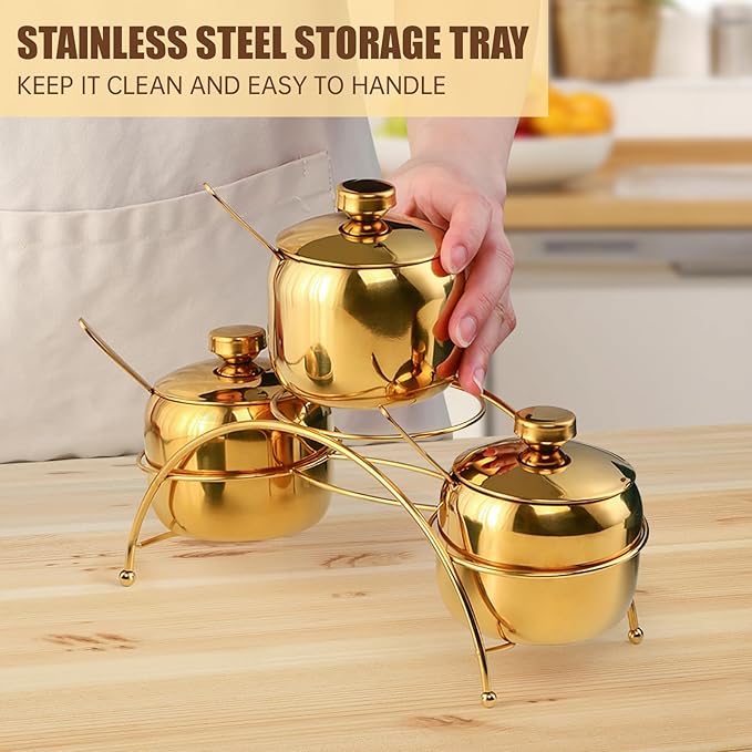 Buyer Star 3-Piece 304 Stainless Steel Seasoning Containers Set with Lid Spoon and Rack, salt and sugar container sets, Condiment Canisters Pots for Serving Sugar, Pepper, Salt, Spice (Gold)