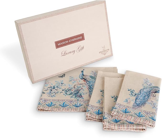Maison d' Hermine Napkins 100% Combed Cotton Premium Set of 4 Decorative Cloth Napkin Washable Dinner Napkins for Holiday, Dinner, Wedding & Dining - Peacock Utopia - Sandy Beach (20”x20”)