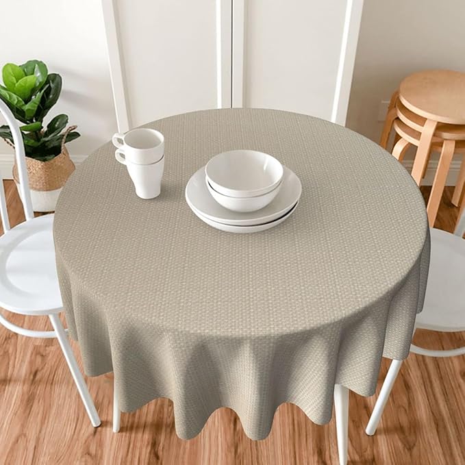 Faux Linen Round Tablecloth, Waterproof Wrinkle Free Woven Textured Table Cloth, Soft Fabric Table Cover for Home Dining, Party, Wedding, Holiday (70 Inch Round, Flax/Beige/Taupe)