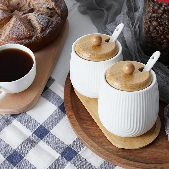 Sugar Bowl Set of 2,Ceramic Sugar Bowl with Lid and Spoon,Sugar Jar Seasoning Container Set for Coffee Bar Kitchen Home (2, White)