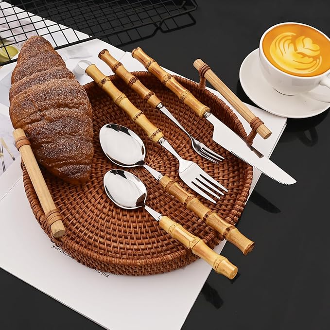 JASHII 20-piece Silver Stainless Steel Flatware Cutlery Set Silverware Knife Fork Spoon Set Bamboo Handle Dishwasher Safe for Dinner Buffet