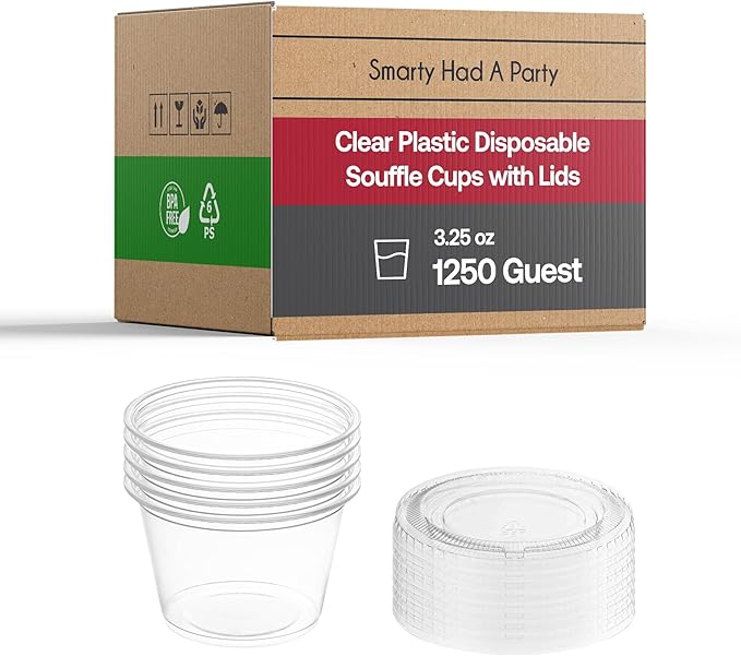 Smarty Had A Party 1250 Sets of Clear Plastic Disposable Portion Souffle Cup with Lids 3.25 oz Small Dessert and Snack Cups with Lids