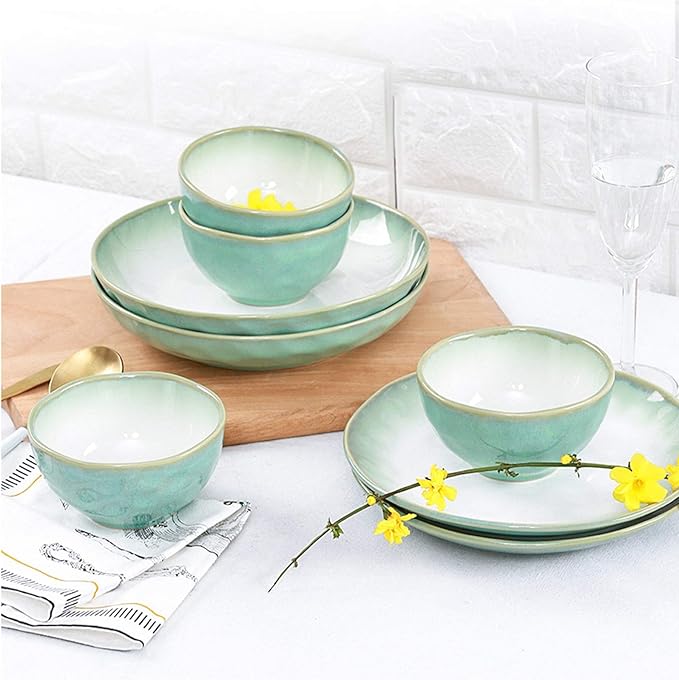 Ceramic Tableware Set, 46 Pieces Of 10-person Dinner Plates, Dishwasher And Microwave Safe, Family Gathering Tableware, Durable White Round Plates And Bowls (Green)