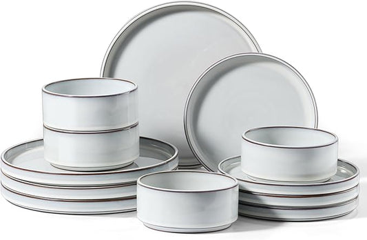 Vesteel 12-Piece Dinnerware Set, Ceramic Plates and Bowls Sets, Healthy Yixing Purple Clay Dishes Set, Elegant & Durable Tableware, Dishwasher & Microwave Safe - Moonlight White