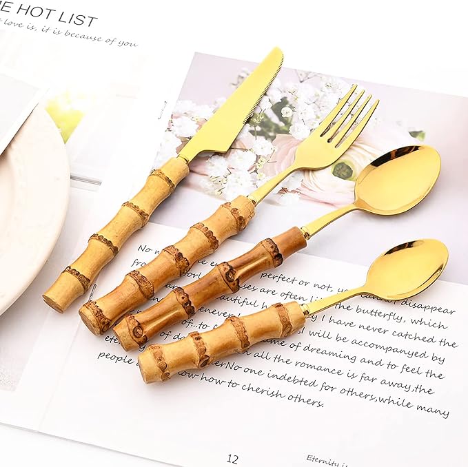24-Piece Gold Stainless Steel Flatware Set, Bamboo Handle Cutlery with Stand Dinnerware Set Include Knife Fork Spoon And Teaspoon, Service For 6, Mirror Finished.