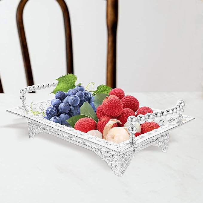 Luxshiny Silver Metal Fruit Tray with Glass Base, Nordic Style Beaded Handle Decorative Snack and Dessert Serving Plate for Home, Hotel, and Party Use
