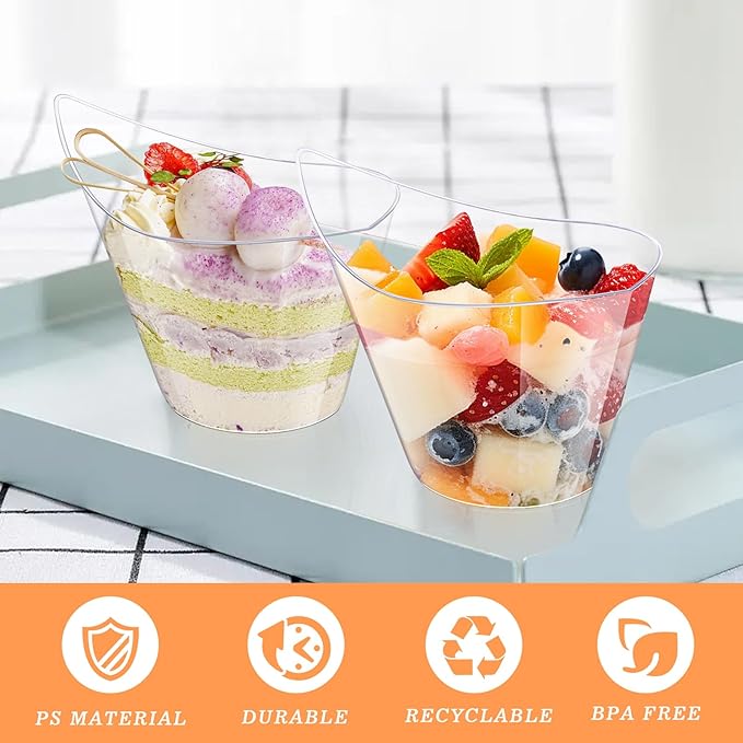 tchrules 50 Packs 7oz Dessert Cups with 50 Spoons, Clear Plastic Appetizer Cups for Parties, Yogurt Parfait Bowls for Fruit Chocolate Pudding and Ice Cream