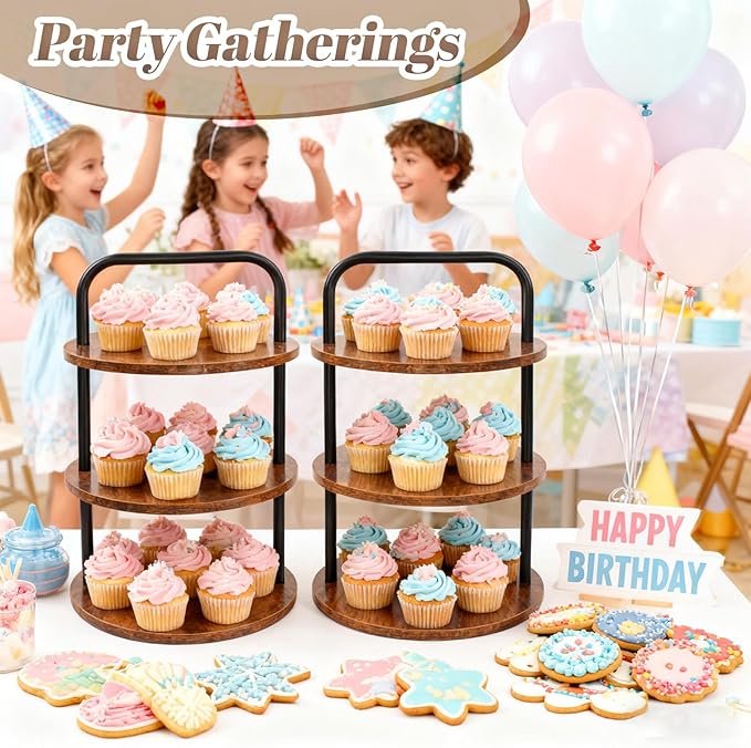 2PCS Wooden Cupcake Stand for 100 Cupcakes - 3-Tier Large Round Dessert Table Display Set with Cupcake Tower, Tiered Tray,Cake Tray and Serving Tray for Wedding, Party, Anniversary, Farmhouse Decor
