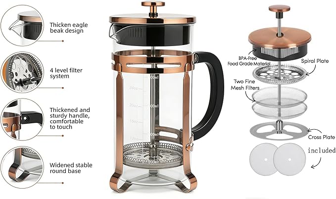 Coffee Maker 304 Stainless Steel French Press with 4 Filter, Heat Resistant Durable, Borosilicate Glass Coffee Press, 100% BPA Teapot, 34ounce, copper