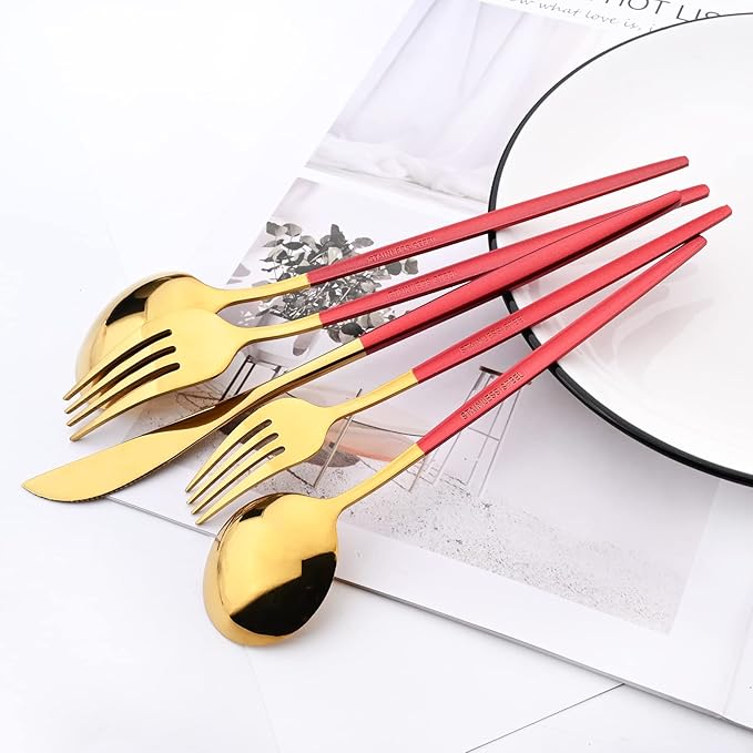 30-Piece Snplowum Mirror Flatware Serving Set, 18/0 Stainless Steel Dinnerware With Red Handle, Modern Durable Home Kitchen Eating Tableware Set Service For 6 (Red Gold)