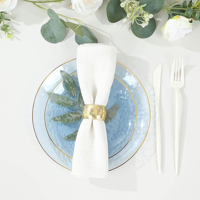 Efavormart 10 Pack | Transparent Dusty Blue Hammered 7" Round Plastic Dessert Appetizer Plates With Gold Rim, Disposable Salad Party Plate