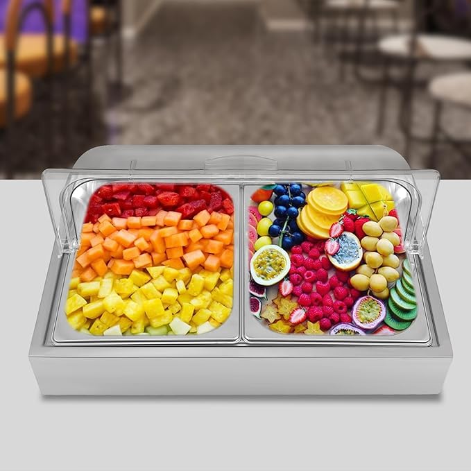 Ice Food Serving Tray, Stainless Steel Food Serving Container with Clear Roll Top Cover, Cold Buffet Platter Cooler Chiller, Food Display Plate for Seafood Fruit Desserts Catering