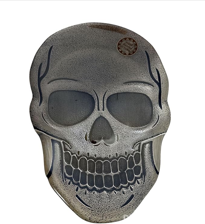 Gothic Grinning Skull Face Glass Serving Tray, Hand Painted Turkish Glass Halloween Dish Plate, Silver, 13 x 8.5 x 0.5 Inches