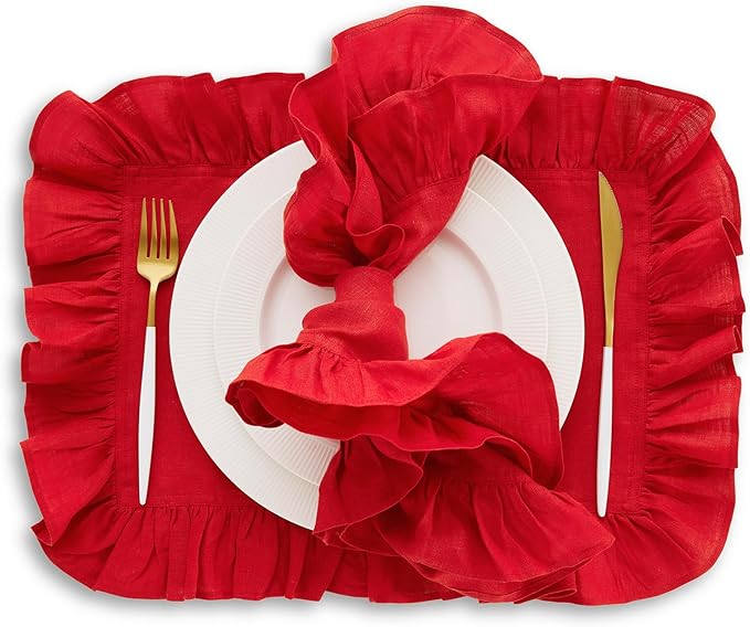 Solino Home Linen Placemats Set of 4-100% Pure Linen Red Placemats 14 x 19 Inch - Gabrielle Ruffle, Handcrafted and Machine Washable - Christmas, New Year
