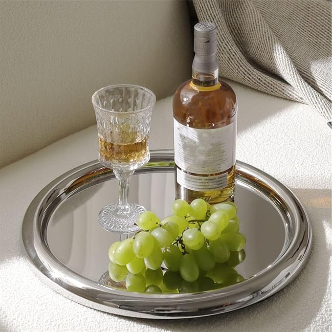 Stainless Steel Round Serving Tray, Serving Platter Mirror Polished Silver Decorative Tray for Coffee Table Party (58mm)