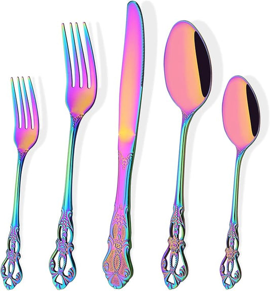 Rainbow Flatware Set For 4, 20 Pieces 18/0 Stainless Steel Silverware Set, Cutlery Utensils Set Include Knives/Forks/Spoons, Antique Baroque Style & Luxury Mirror Polished
