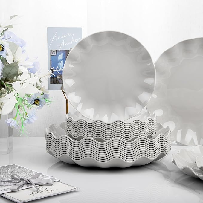 LIYH 24 Pcs Plastic Grey Scalloped Plates Reusable, Unbreakable Dinner Plate and Salad Plate, Dishwasher Safe Outside Plates for Parties, Picnics 12 Guests