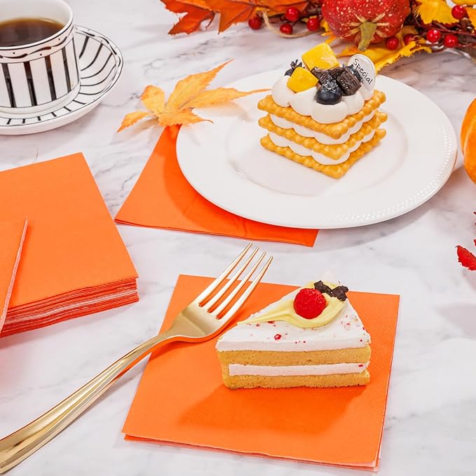 FLOWERCAT 100-Count 2-Ply Orange Napkins -Orange Cocktail Napkins Disposable Premium Quality - 5" x 5" Fall Paper Napkins for New Year Party,Fall,Bar,Weddings