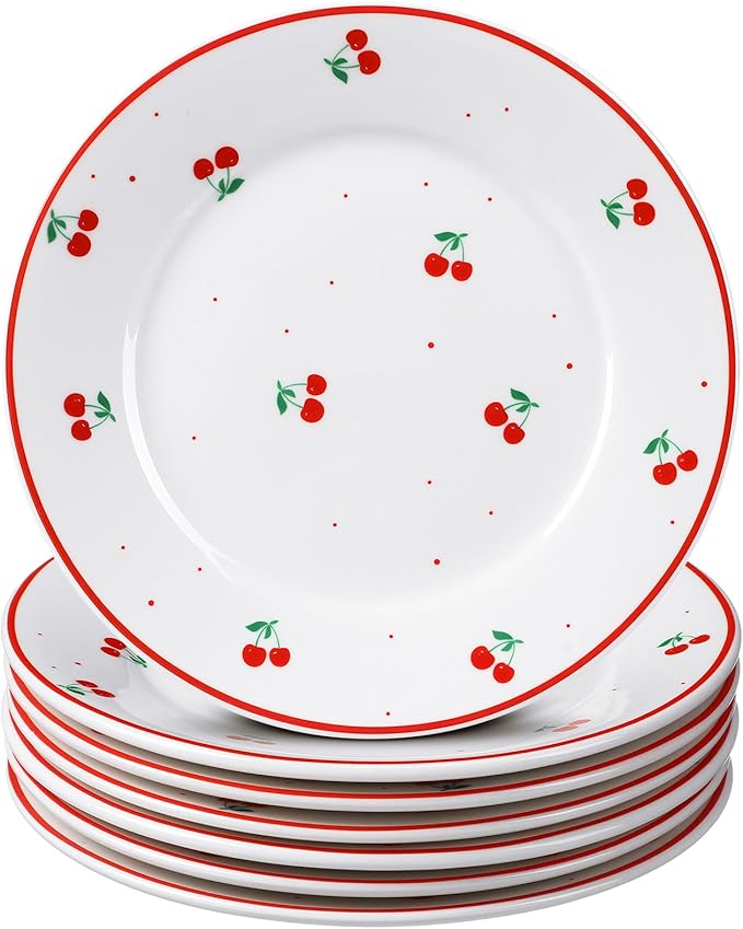 Honeydak 6 Pcs Valentine's Day Decorations Cherry Plates Ceramic 6 Inch Salad Appetizer Dessert Dish Cutlery for Fruits Galentines Cherry Birthday Supplies Wedding Table Party Decorations Favors