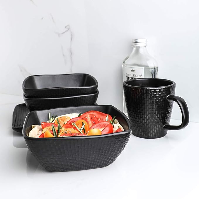 Stone Lain 16 Piece Stoneware Dinnerware set, Square, Weave, Black