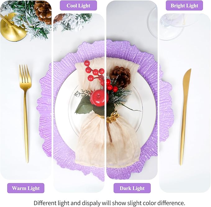 50 Pack Lavender Charger Plates Bulk, 13" Plastic Reef Chargers for Dinner Plates, Round Charger Plate with Floral Reef Design for Dinner Wedding Party Table Setting Decoration