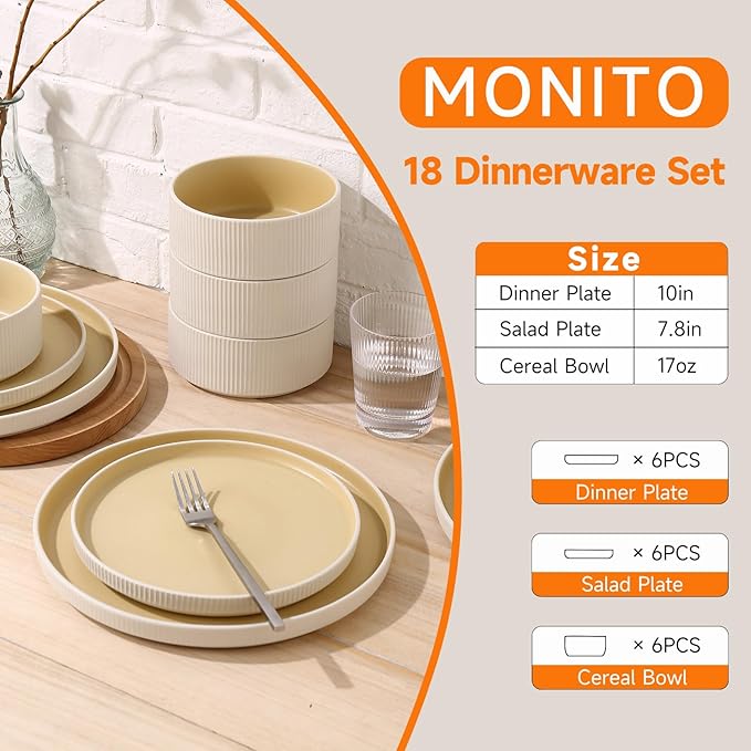 MONITO Ceramic Dinnerware Sets for 4, 18PCS Stoneware Plates and Bowls Sets, Reactive Glaze Dish Set, Chip and Scratch Resistant Double, Microwave and Dishwasher Safe, White Orange