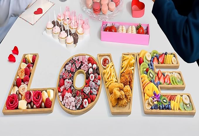 15.5'' Love Serving Trays, 4 Pack Larger Bamboo Solid Serving Platter, Charcuterie Serving Boards Snack Food Cake Cookies Platter for Anniversary Wedding Baby Shower Birthday Party Decoration