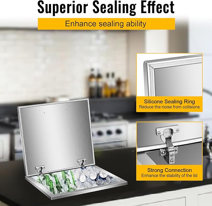 Drop in Ice Chest with Cover Stainless Steel Ice Cooler Included Drain-Pipe and Drain Plug Drop in Ice Bin Outdoor Kitchen for Cold Wine Beverage