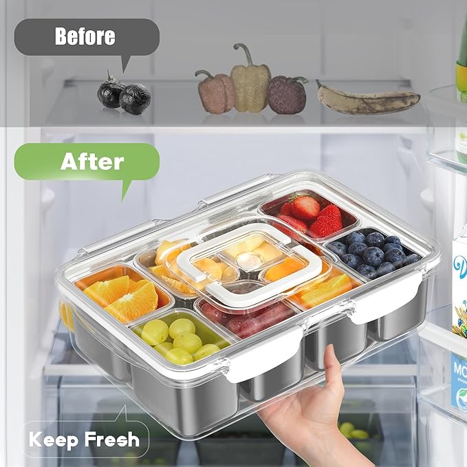 Snackle Box Container, 304 Stainless Steel Divided Serving Tray with Lid and Handle, Portable 8 Compartments Veggie Tray for Fruits,Veggies,Nuts &Candy, Dishwasher Safe for Travel,Picnic,Beach&Parties