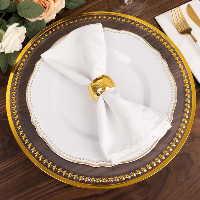 13" Charger Plates -Set of 12 - Acrylic Clear/Gold Round Beaded Disposable Chargers, Ideal for Dinner Party Wedding Bulk Events Tabletop Decoration