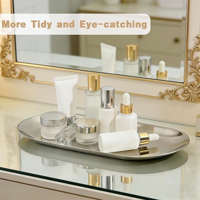 10 Pack Stainless Steel Decorative Tray, Thicken Silver Decorative Tray 7 inch, Oval Jewelry Dish Bathroom Vanity Tray Small Serving Tray Candle Holder Cosmetics Tray Perfume Tray