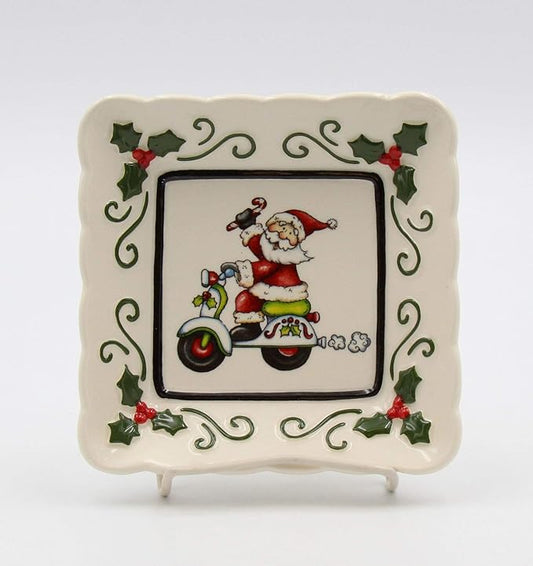 Fine Ceramic Santa Riding Moped Scooter Dessert Appetizer Square Plates Set of 3 (3 pieces Set), 5-1/2"
