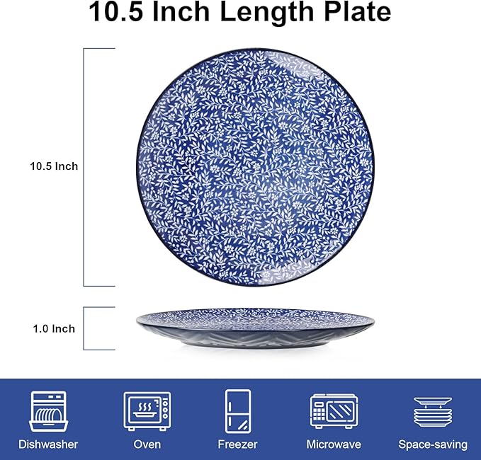 KitchenTour Ceramic Dinner Plates, 10.5 Inch Large Salad Plates Set of 4, Serving Plates for Dessert, Pasta, Steak, Dishwasher and Microwave Safe